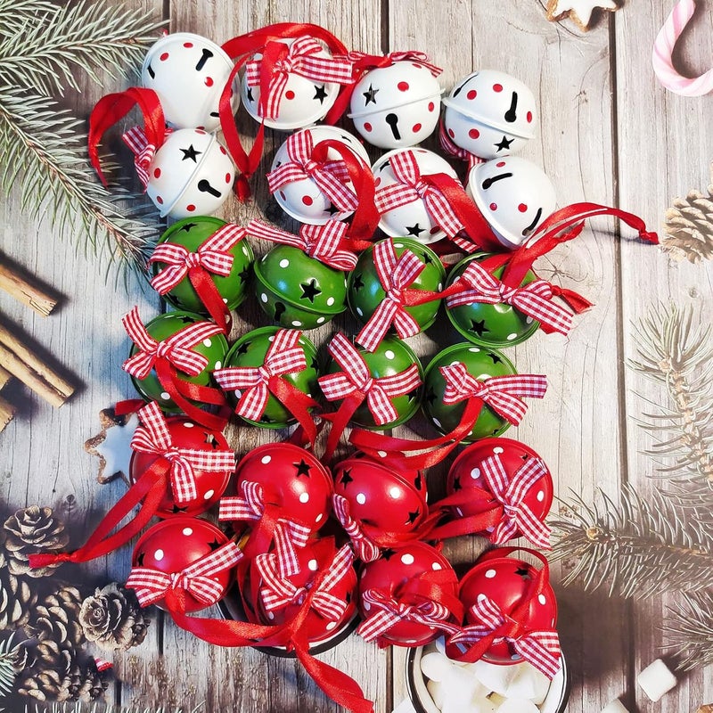 MACLARONX 24 Pcs Christmas Jingle Bells 2" Star Cutouts Metal Decorative Bells with Ribbons Xmas Tree Ornaments for Wreath Festival Crafts Home Decorations - Image 3